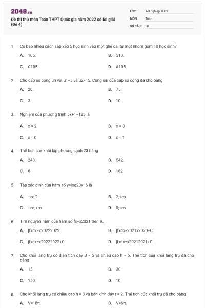 Đề thi thử môn Toán THPT Quốc gia năm 2022 có lời giải (Đề 4)