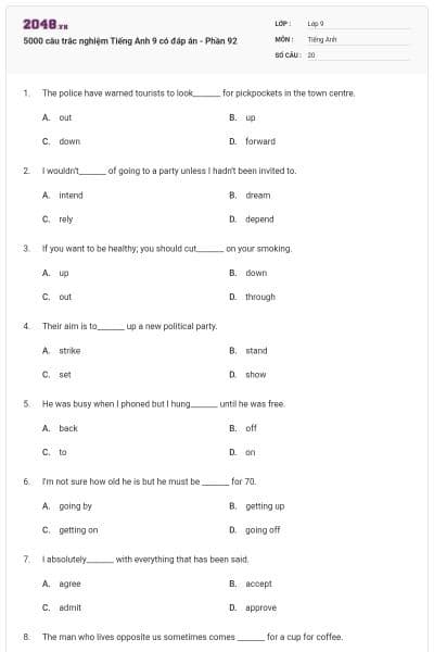 5000 câu trắc nghiệm Tiếng Anh 9 có đáp án - Phần 92