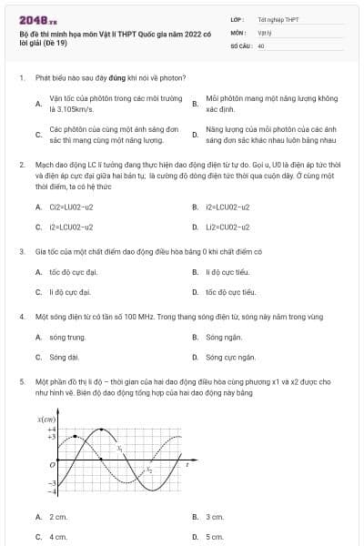 Bộ đề thi minh họa môn Vật lí THPT Quốc gia năm 2022 có lời giải (Đề 19)