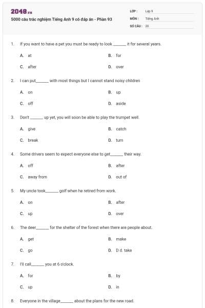 5000 câu trắc nghiệm Tiếng Anh 9 có đáp án - Phần 93