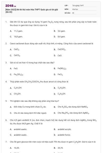 [Năm 2022] Đề thi thử môn Hóa THPT Quốc gia có lời giải (Đề 20)