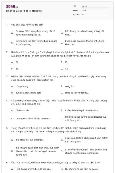Đề ôn thi Vật Lí 11 có lời giải (Đề 2)