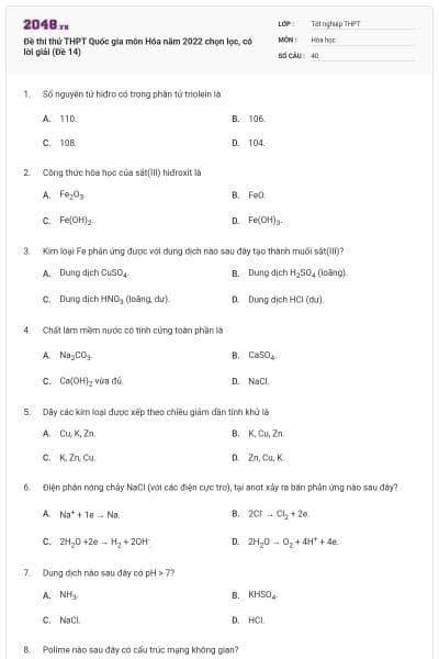 Đề thi thử THPT Quốc gia môn Hóa năm 2022 chọn lọc, có lời giải (Đề 14)