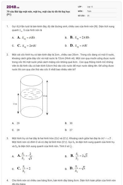 79 câu Bài tập mặt nón, mặt trụ, mặt cầu từ đề thi Đạị học (P1)