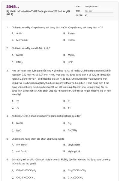 Bộ đề thi thử môn Hóa THPT Quốc gia năm 2022 có lời giải (Đề 4)