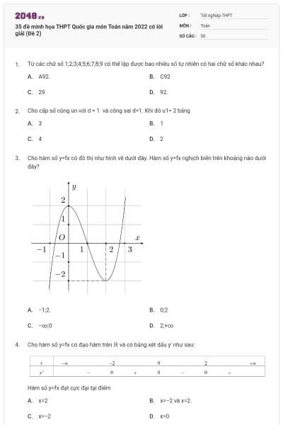 35 đề minh họa THPT Quốc gia môn Toán năm 2022 có lời giải (Đề 2)
