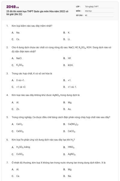 25 đề thi minh họa THPT Quốc gia môn Hóa năm 2022 có lời giải (Đề 22)
