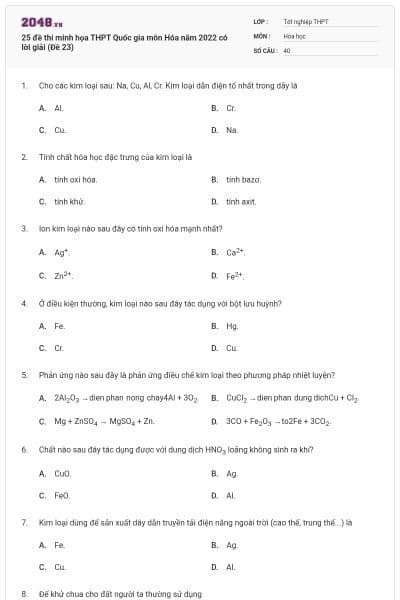 25 đề thi minh họa THPT Quốc gia môn Hóa năm 2022 có lời giải (Đề 23)