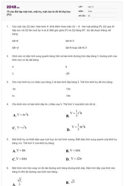79 câu  Bài tập mặt nón, mặt trụ, mặt cầu từ đề thi Đạị học (P2)