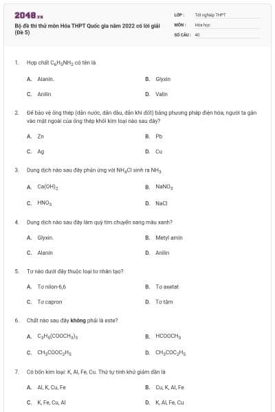 Bộ đề thi thử môn Hóa THPT Quốc gia năm 2022 có lời giải (Đề 5)