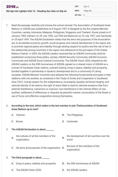Bài tập trắc nghiệm Unit 16 - Reading đọc hiểu có đáp án