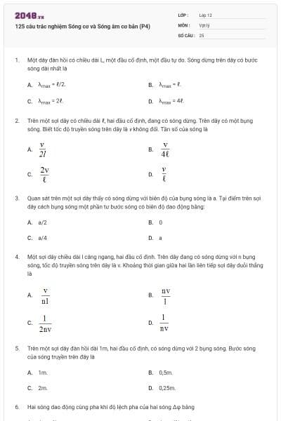 125 câu trắc nghiệm Sóng cơ và Sóng âm cơ bản (P4)