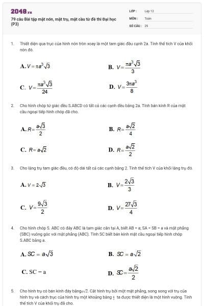 79 câu  Bài tập mặt nón, mặt trụ, mặt cầu từ đề thi Đại học (P3)