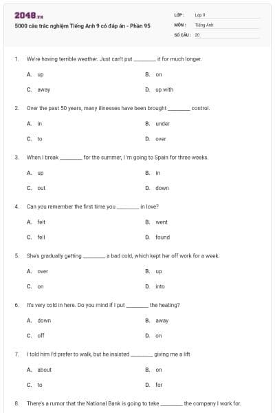 5000 câu trắc nghiệm Tiếng Anh 9 có đáp án - Phần 95