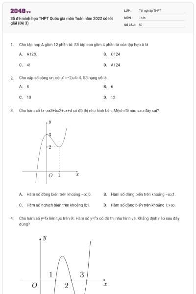 35 đề minh họa THPT Quốc gia môn Toán năm 2022 có lời giải (Đề 3)