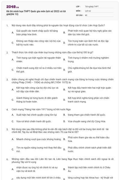 Đề thi minh họa THPT Quốc gia môn lịch sử 2022 có lời giải(Đề 13)