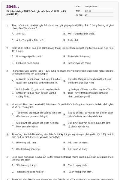 Đề thi minh họa THPT Quốc gia môn lịch sử 2022 có lời giải(Đề 15)