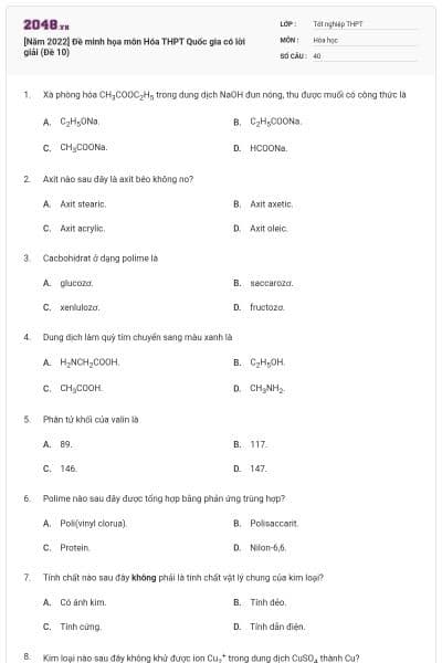 [Năm 2022] Đề minh họa môn Hóa THPT Quốc gia có lời giải (Đề 10)