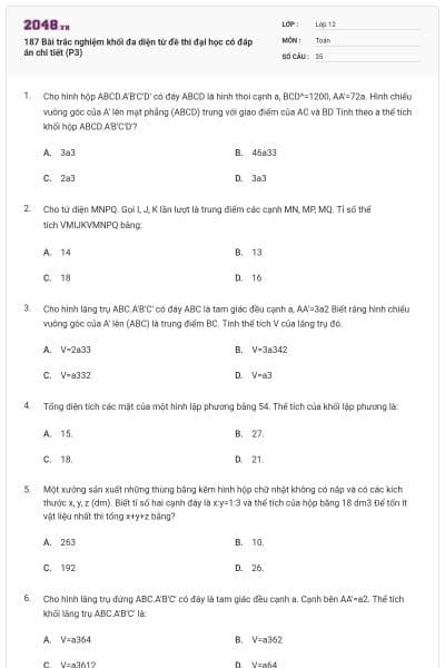187 Bài trắc nghiệm khối đa diện từ đề thi đại học có đáp án chi tiết (P3)