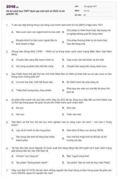 Đề thi minh họa THPT Quốc gia môn lịch sử 2022 có lời giải(Đề 16)