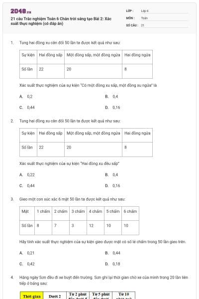 21 câu Trắc nghiệm Toán 6 Chân trời sáng tạo Bài 2: Xác suất thực nghiệm (có đáp án)