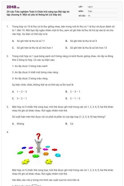 20 câu Trắc nghiệm Toán 6 Chân trời sáng tạo Bài tập ôn tập chương 9: Một số yếu tố thống kê (có đáp án)