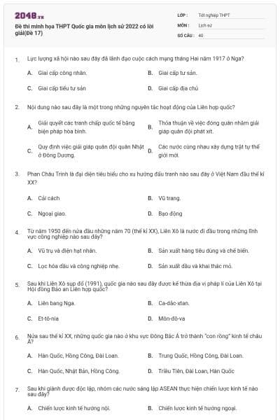 Đề thi minh họa THPT Quốc gia môn lịch sử 2022 có lời giải(Đề 17)