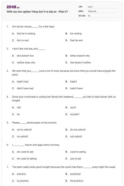 5000 câu trắc nghiệm Tiếng Anh 9 có đáp án - Phần 97
