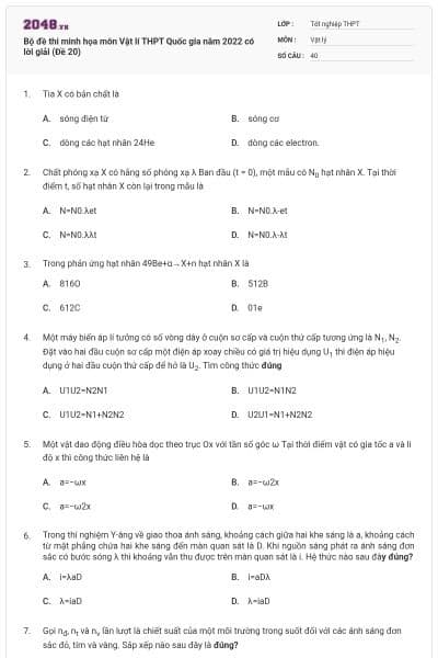 Bộ đề thi minh họa môn Vật lí THPT Quốc gia năm 2022 có lời giải (Đề 20)