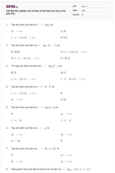 244 Bài trắc nghiệm mũ và hàm số lũy thừa cực hay có lời giải (P3)