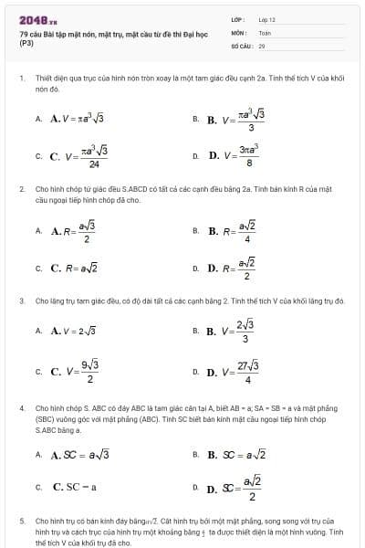 79 câu  Bài tập mặt nón, mặt trụ, mặt cầu từ đề thi Đại học (P3)