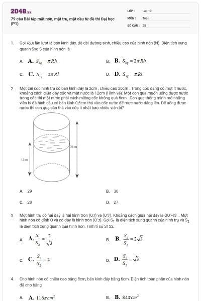 79 câu Bài tập mặt nón, mặt trụ, mặt cầu từ đề thi Đạị học (P1)