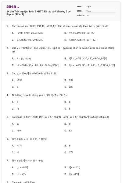 24 câu Trắc nghiệm Toán 6 KNTT Bài tập cuối chương 3 có đáp án (Phần 2)