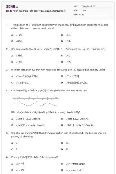Bộ đề minh họa môn Toán THPT Quốc gia năm 2022 (đề 1)