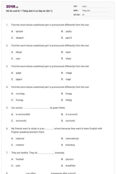 Đề thi cuối kì 1 Tiếng Anh 6 có đáp án (Đề 1)