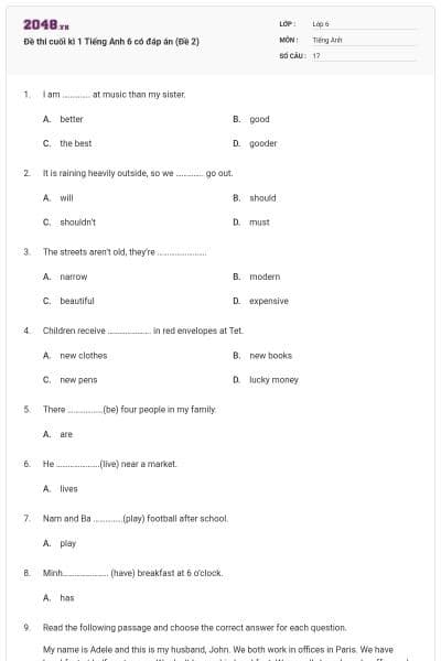 Đề thi cuối kì 1 Tiếng Anh 6 có đáp án (Đề 2)