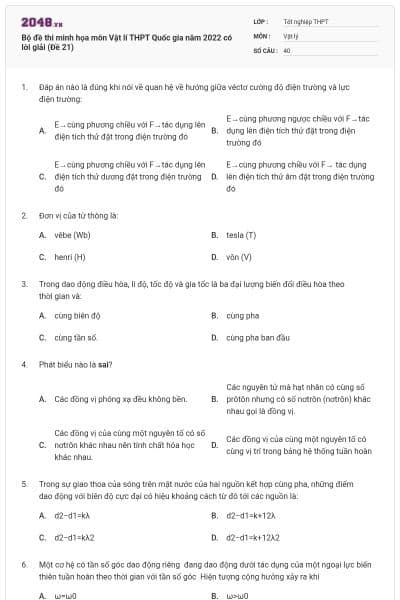 Bộ đề thi minh họa môn Vật lí THPT Quốc gia năm 2022 có lời giải (Đề 21)