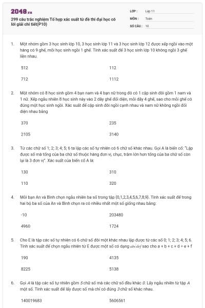 299 câu trắc nghiệm Tổ hợp xác suất từ đề thi đại học có lời giải chi tiết(P10)