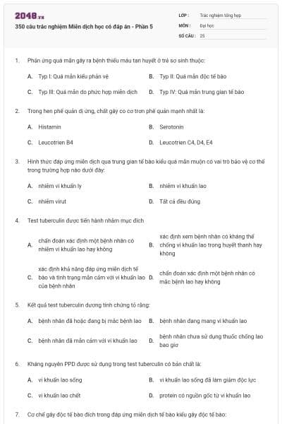 350 câu trắc nghiệm Miễn dịch học có đáp án - Phần 5