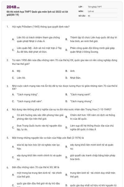 Đề thi minh họa THPT Quốc gia môn lịch sử 2022 có lời giải(Đề 19)