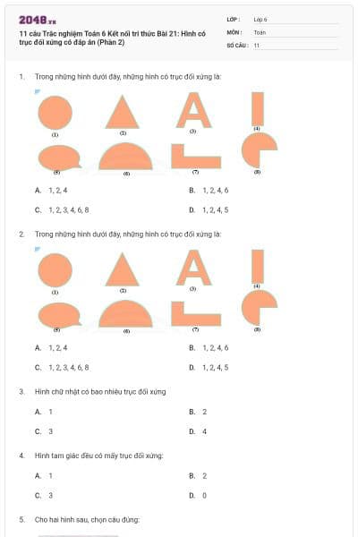 11 câu Trắc nghiệm Toán 6 Kết nối tri thức Bài 21: Hình có trục đối xứng có đáp án (Phần 2)