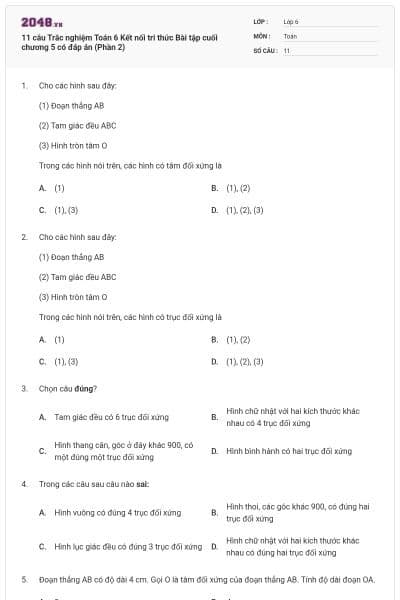 11 câu Trắc nghiệm Toán 6 Kết nối tri thức Bài tập cuối chương 5 có đáp án (Phần 2)