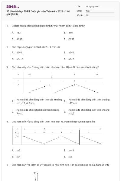 35 đề minh họa THPT Quốc gia môn Toán năm 2022 có lời giải (Đề 5)