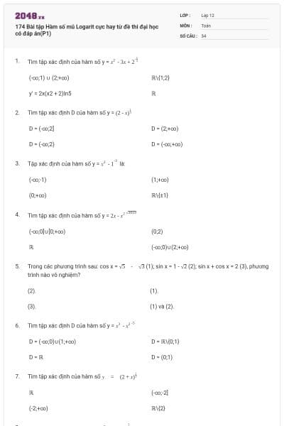 174 Bài tập Hàm số mũ Logarit cực hay từ đề thi đại học có đáp án(P1)