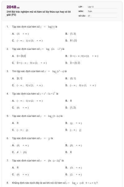 244 Bài trắc nghiệm mũ và hàm số lũy thừa cực hay có lời giải (P3)