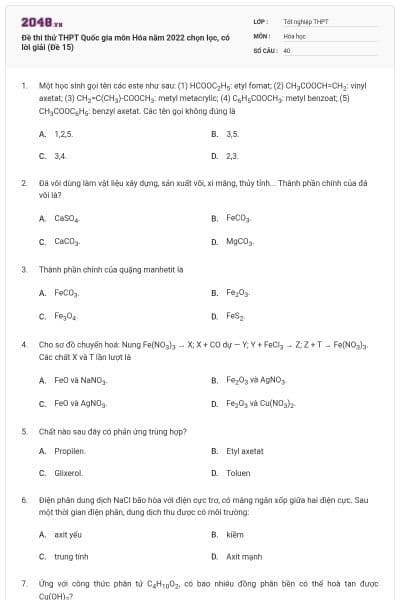 Đề thi thử THPT Quốc gia môn Hóa năm 2022 chọn lọc, có lời giải (Đề 15)
