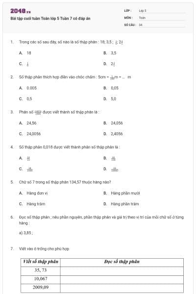 Bài tập cuối tuần Toán lớp 5 Tuần 7 có đáp án