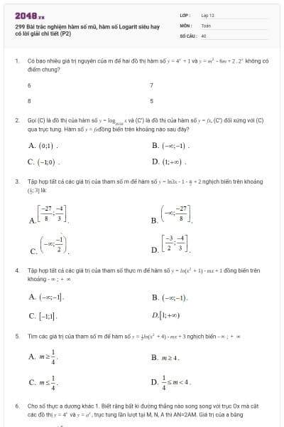 299 Bài trắc nghiệm hàm số mũ, hàm số Logarit siêu hay có lời giải chi tiết (P2)