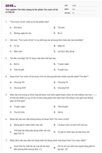 Trắc nghiệm Tìm hiểu chung về tác phẩm Tức nước vỡ bờ có đáp án