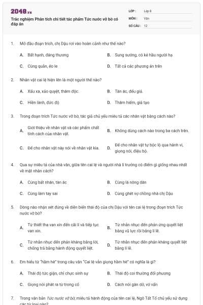 Trắc nghiệm Phân tích chi tiết tác phẩm Tức nước vỡ bờ có đáp án